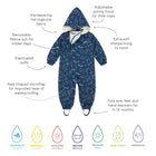 3 in 1 Waterproof Scampsuit Navy, a blue waterproof suit with white space themed pattern, annotations point to its features.